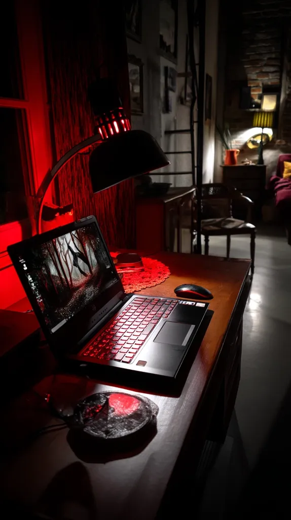A dimly lit room, bathed in red light from a desk lamp, features a laptop displaying a dark forest scene.  A mouse rests beside the laptop on a dark wooden desk.  The room's ambiance is moody and atmospheric, with visible antique furniture and framed artwork on the walls.  A red-tinged coaster is under the laptop. The overall scene evokes a sense of mystery and intrigue.