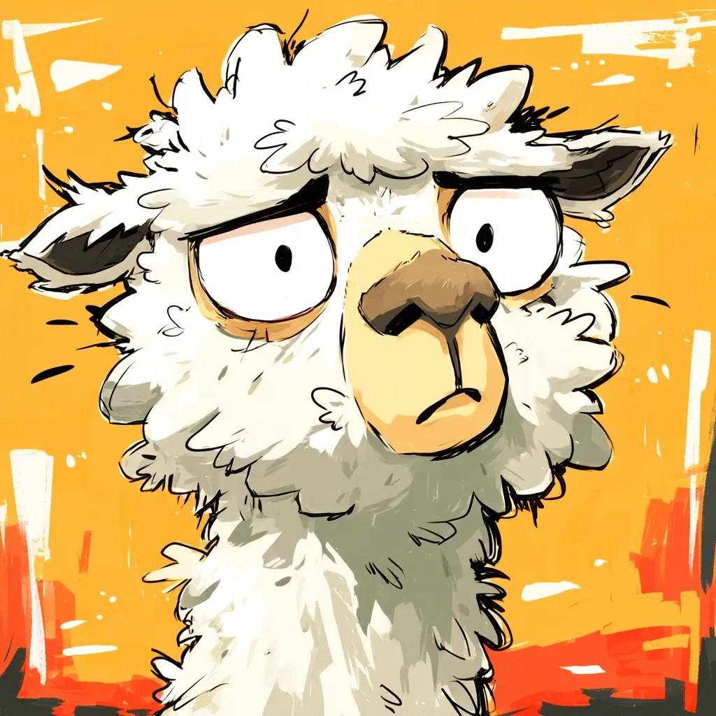 A cartoon illustration of an alpaca with a worried expression. Its large, wide eyes and slightly downturned mouth convey anxiety.  The alpaca's fluffy white fur is detailed with individual strands, contrasting against the vibrant orange and red background with abstract brushstrokes. The style is loose and expressive, blending cartoon and painterly elements.