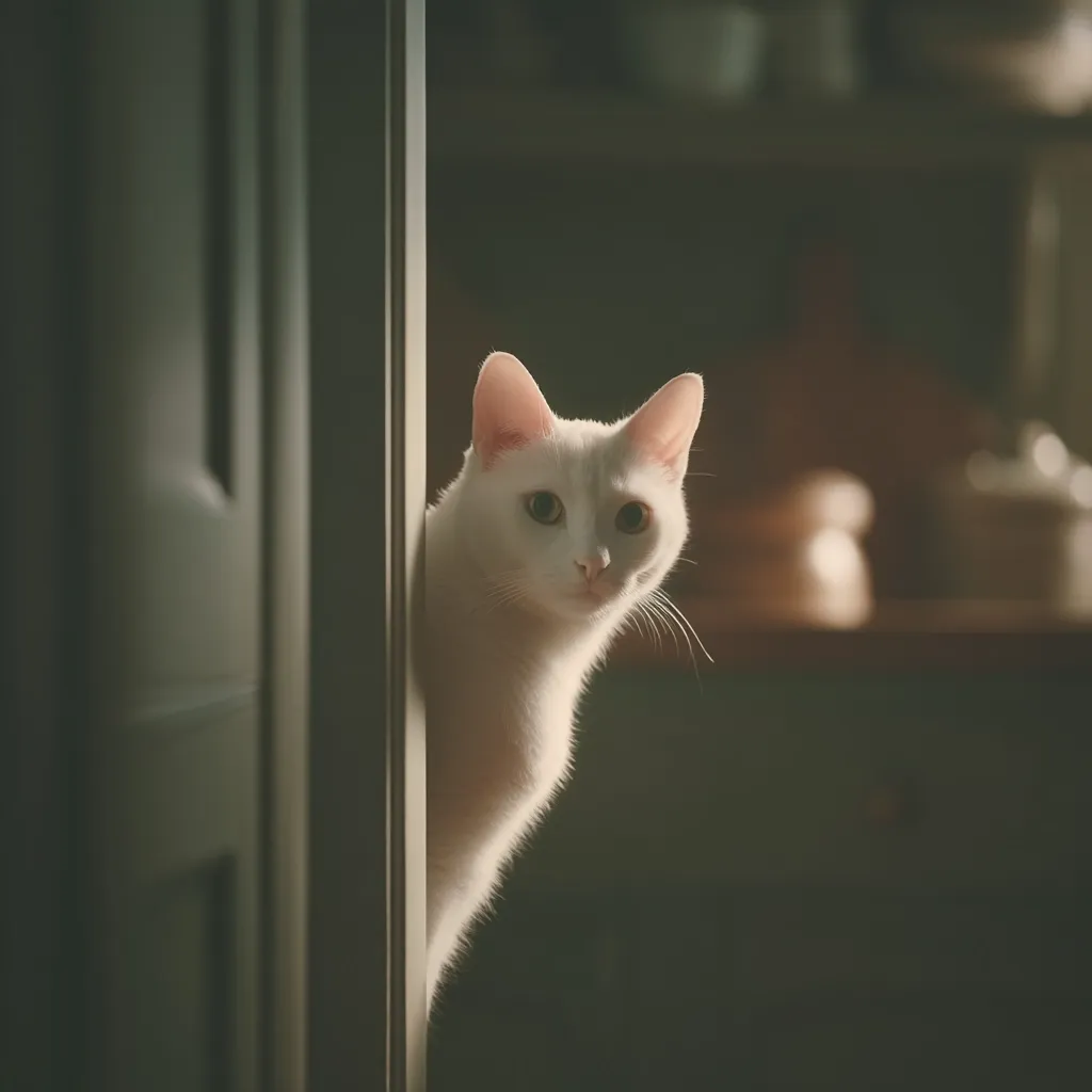 A white cat peeks from behind a dark-green door, its body partially hidden.  The cat's face is illuminated by soft light, creating a striking contrast against the dark background of a kitchen or dining area.  The scene is calm and intimate, suggesting a quiet moment in a home. The cat's expression is curious and slightly apprehensive.