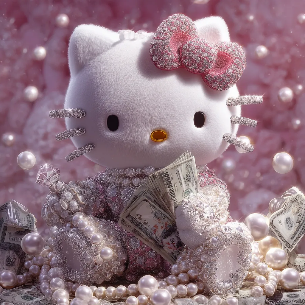 A lavishly adorned Hello Kitty sits amidst a pile of pearls and US currency.  She's dressed in a pink, diamond-encrusted outfit and holds a stack of dollar bills.  The overall aesthetic is one of opulent luxury, contrasting the typically cute Hello Kitty image with a materialistic, high-fashion presentation.  Floating pearls and a pink background enhance the surreal and dreamy quality of the image.