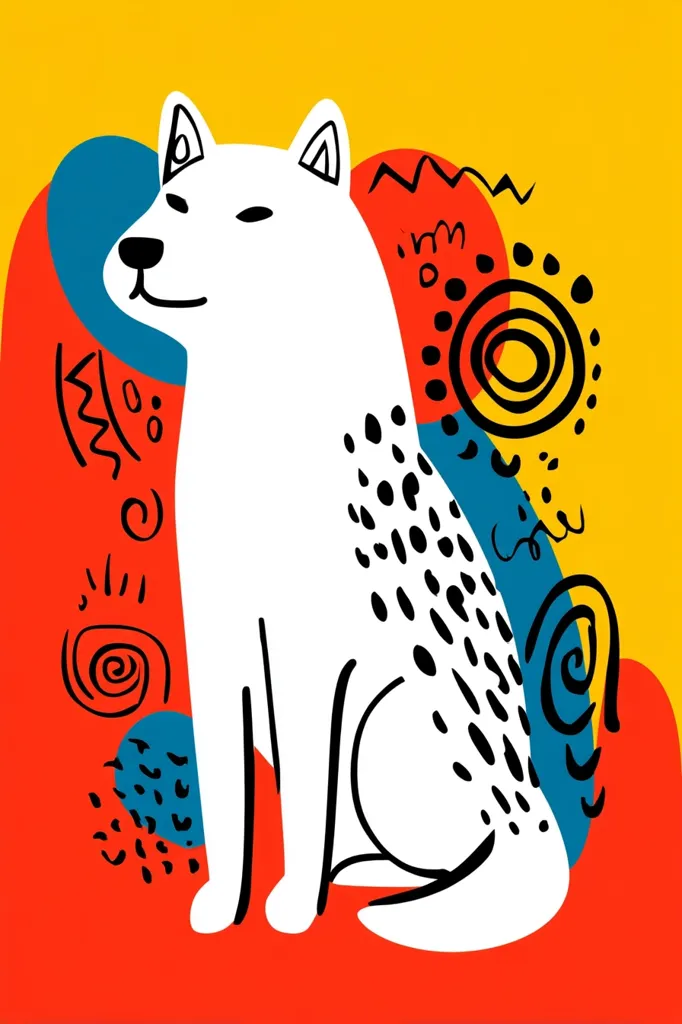 A stylized illustration of a white dog sitting, adorned with black spots on its back.  The dog is depicted in a bold, graphic style against a vibrant background of red, yellow, and blue abstract shapes and markings. The overall aesthetic is modern and playful, reminiscent of mid-century modern design or folk art.
