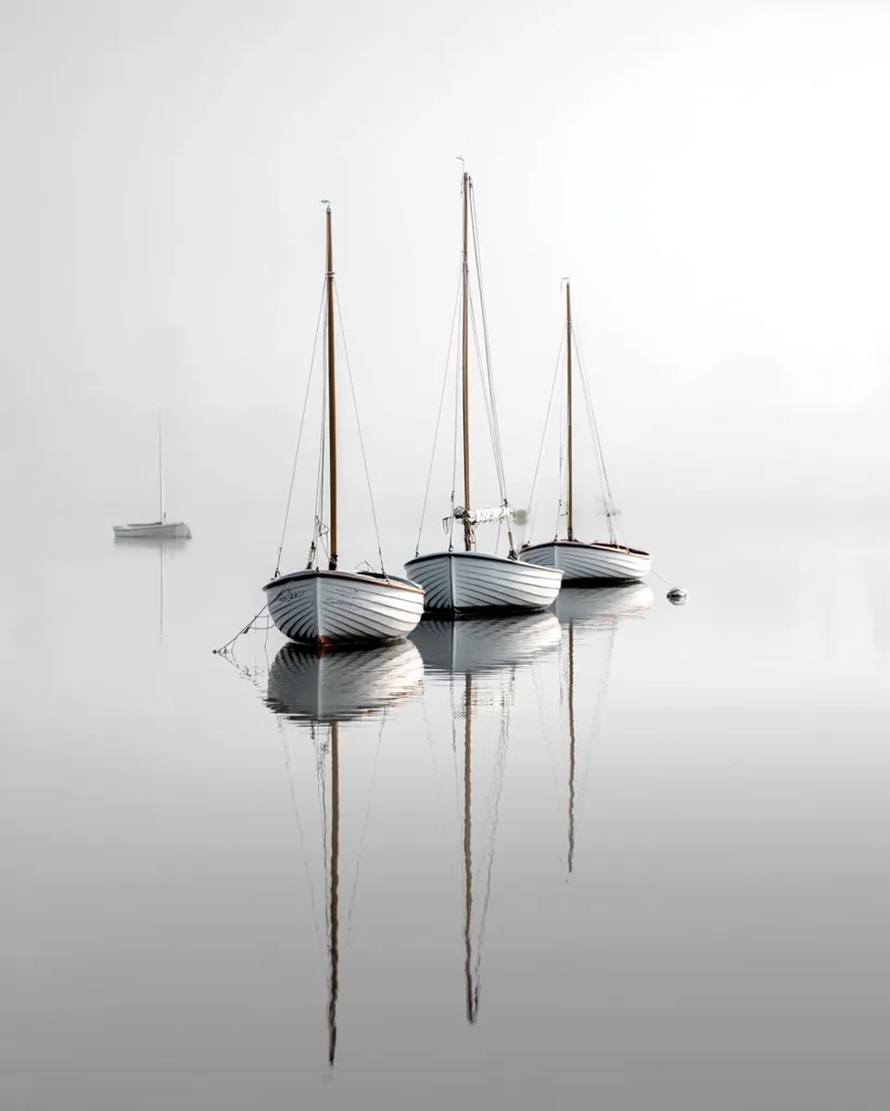 Three small white sailboats are moored in calm, foggy water.  Their reflections are perfectly mirrored on the surface. A smaller sailboat is visible in the distance, adding to the serene and minimalist scene. The muted colors and hazy atmosphere create a tranquil mood.