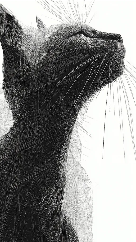 A striking monochrome illustration showcases a cat's profile, its head tilted upward.  The artist's technique uses a multitude of fine lines to create texture and depth, suggesting fur and muscle definition. The cat's gaze is directed towards an unseen point above, conveying a sense of curiosity or contemplation.  The background is stark white, emphasizing the subject and its intricate detail. The style is reminiscent of a detailed etching or engraving.
