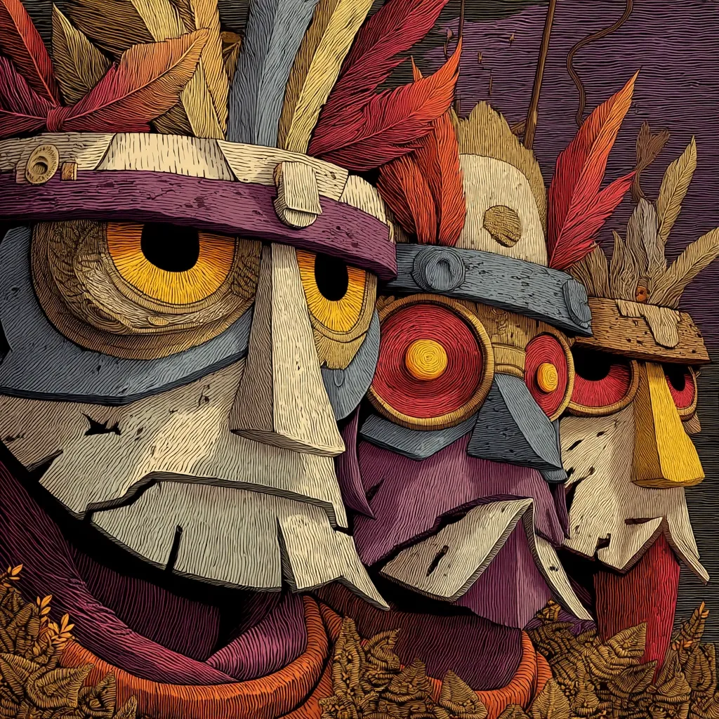 Three stylized tribal masks are depicted in close-up.  The masks, crafted with a wood-like texture and adorned with feathers, possess large, expressive eyes.  The central mask features circular, red-accented goggles, while the others have more traditional features. The detailed artwork uses a textured, hand-drawn style with a rich color palette of earthy tones and deep purples. The overall effect is one of ancient mystery and captivating artistry.