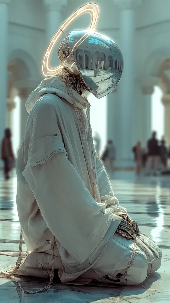 A robotic figure, clad in flowing white robes, kneels on a marble floor within a grand hall.  A luminous halo encircles its metallic head, reflecting the architecture. The robot's posture suggests prayer or contemplation, creating a surreal and serene image blending futuristic technology with spiritual symbolism.  Blurred human figures populate the background, enhancing the scene's otherworldly atmosphere.