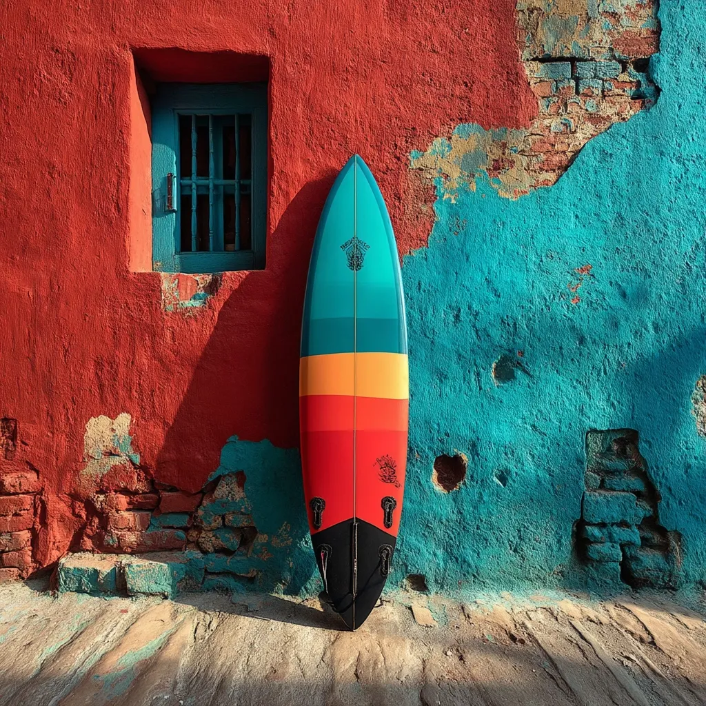A vibrant surfboard, painted in teal, orange, and red, stands against a weathered wall.  The wall is a striking contrast of peeling red and turquoise paint, revealing brickwork underneath. A small, barred window is set into the red section of the wall, adding to the rustic, aged feel of the scene. The surfboard's color scheme complements the wall's hues, creating a visually appealing composition.