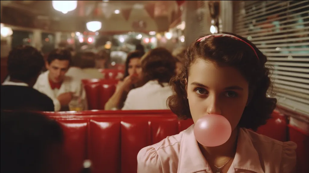 A young woman with dark, curly hair and a pink headband sits in a red vinyl booth at a 1950s-style diner, blowing a large bubble of pink bubblegum.  She gazes directly at the camera.  The background is softly blurred, showing other diners and the warm, nostalgic ambiance of the restaurant. The overall mood is one of retro charm and quiet contemplation.