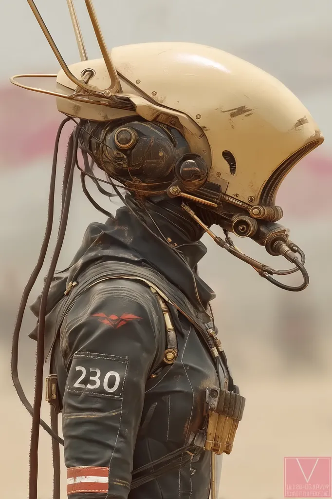 A close-up profile view of a futuristic, weathered cyborg or robotic character.  The figure wears a tan and gold helmet with intricate details, connected to a dark, worn leather-like suit.  The suit features a number "230" and a small, red insignia.  The overall aesthetic suggests a post-apocalyptic or sci-fi setting.  The image is highly detailed, highlighting the texture and wear of the character's equipment.