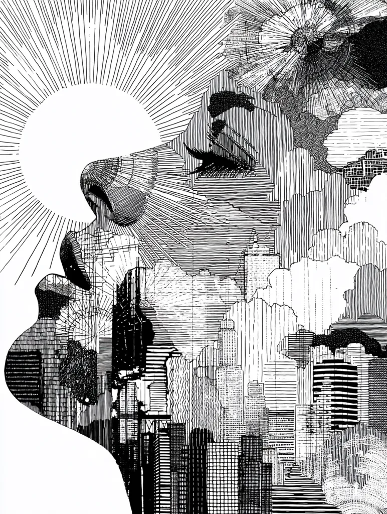 A black and white ink drawing depicts a stylized profile of a face superimposed over a cityscape.  The face is rendered in hatching and cross-hatching, creating shading and texture.  The city skyline, also detailed with varied linework, appears to rise from within the face, suggesting an internal landscape.  A sunburst effect radiates from behind the head, adding a dramatic element to the composition.  The overall effect is one of dynamic interplay between the human form and the urban environment.