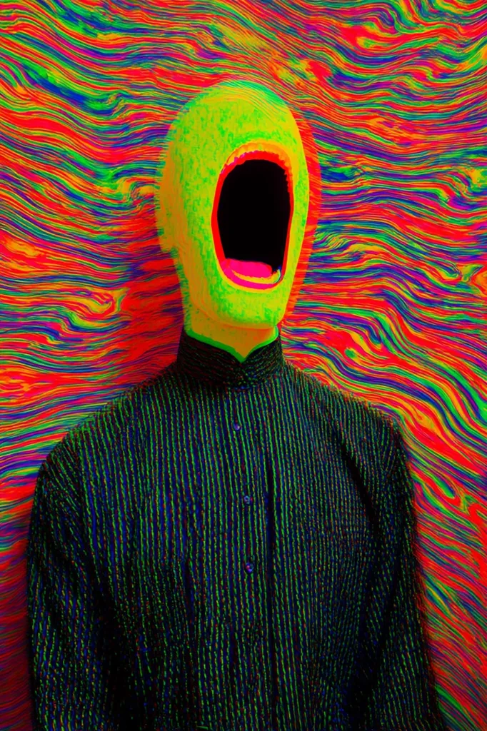 A stylized image depicts a person with a bright green head, mouth wide open in a scream.  The head is superimposed against a vibrant, swirling background of red, orange, yellow, and green. The person wears a dark, vertically striped shirt. The overall effect is surreal and psychedelic.