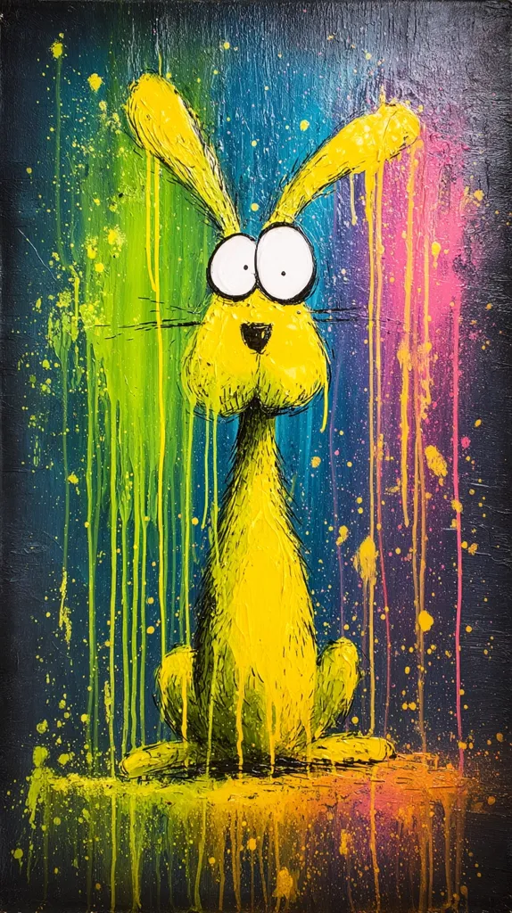 A vibrant painting depicts a whimsical yellow rabbit, its large eyes wide and expressive.  The rabbit sits against a dark, cosmic background splashed with bright green, pink, and purple paint drips, creating a dynamic and energetic composition. The artist's style is playful and slightly surreal, contrasting the creature's cartoonish features with the abstract backdrop.