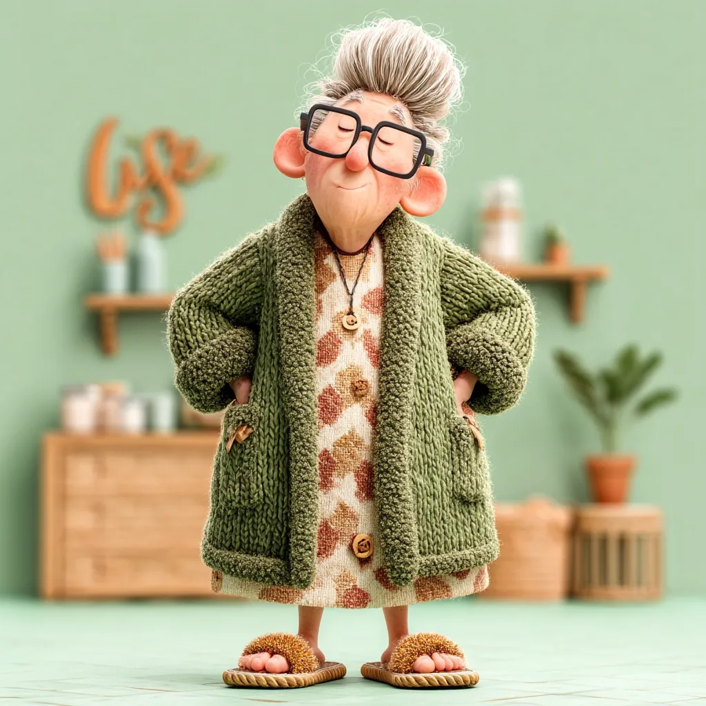 A 3D rendered illustration of a charming elderly woman. She's wearing a cozy, olive-green knitted cardigan over a patterned dress, and comfortable slippers.  Her glasses are perched on her nose, and her hair is styled in a neat bun.  She stands with hands in pockets, exuding a peaceful and content demeanor, against a soft green background featuring a blurred home interior.