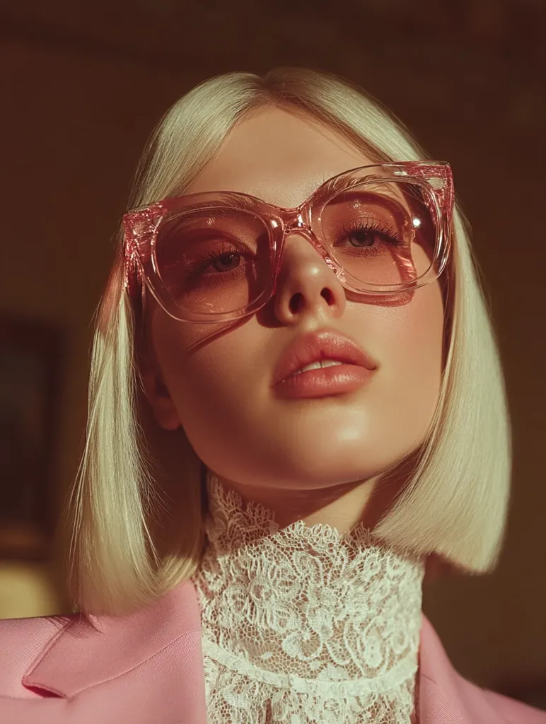 A young woman with platinum blonde, bobbed hair wears oversized, light pink cat-eye glasses.  She's dressed in a pink blazer over a white lace high-necked top.  Warm, golden light illuminates her face, creating a soft, glamorous effect. The overall aesthetic is chic and retro-inspired.