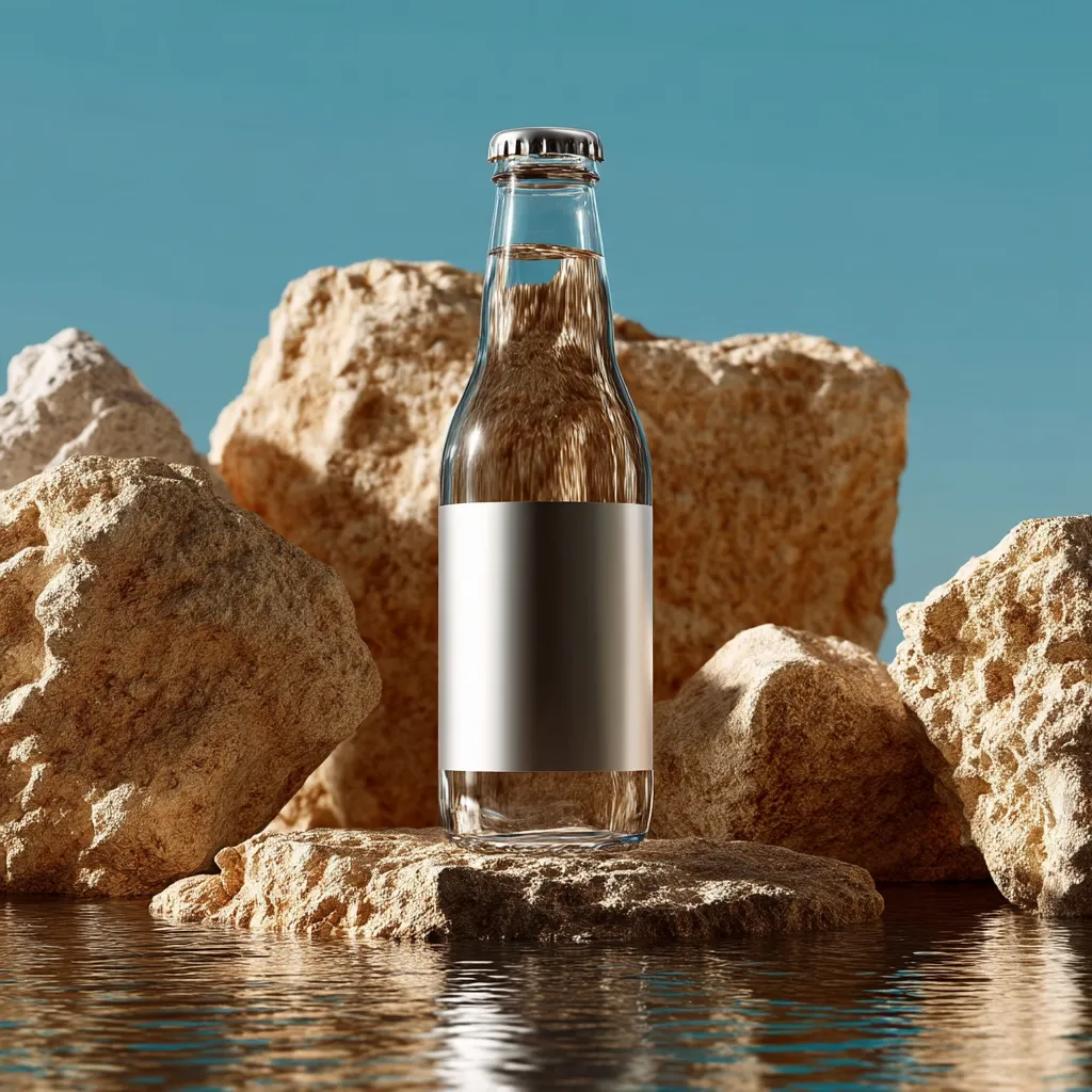 A glass bottle with a blank silver label rests on a rock near calm water.  The bottle is partially filled with a clear liquid.  Tan rocks surround the bottle, creating a serene, minimalist scene against a bright blue sky. The overall aesthetic is clean and suggests refreshment.