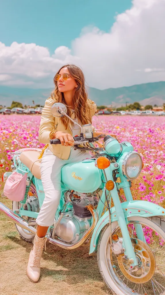 A stylish woman with long brown hair and yellow-framed sunglasses sits on a pastel-green vintage motorcycle. She's dressed in a cream leather jacket and white pants, complemented by beige lace-up boots.  The motorcycle is parked in a vibrant field of pink cosmos flowers under a bright, sunny sky. The overall aesthetic is dreamy and whimsical.