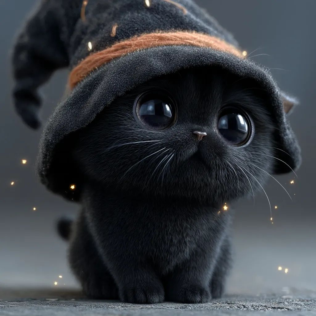 A digitally enhanced image showcases an adorable black kitten, its large, expressive eyes captivating.  The kitten is adorned with a miniature witch's hat, adding a whimsical touch.  Sparkling dust motes surround it, enhancing the magical, enchanting atmosphere. The overall impression is one of sweetness and fantasy.