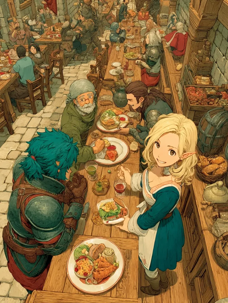 A bustling tavern scene unfolds, filled with patrons enjoying hearty meals.  A long communal table dominates, showcasing diverse dishes and drinks.  Characters in medieval attire, including a knight, an elder, and a fair-haired elf, are centrally positioned, sharing a meal.  The warm lighting and detailed artwork create a lively and inviting atmosphere reminiscent of fantasy artwork.  The background shows additional tables and patrons, contributing to a sense of community and a busy establishment.