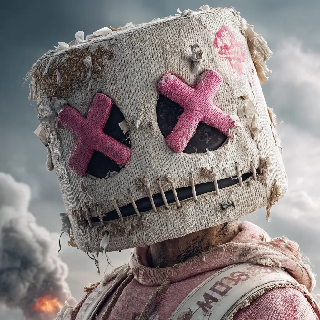 Close-up of a person wearing a tattered, off-white mask with pink X's for eyes. The mask is stitched together and shows signs of wear and tear. The individual is also wearing a pink hoodie, partially visible beneath the mask. A smoky, fiery landscape forms the background, suggesting a post-apocalyptic or battle-scarred setting. The overall aesthetic is gritty and dystopian.