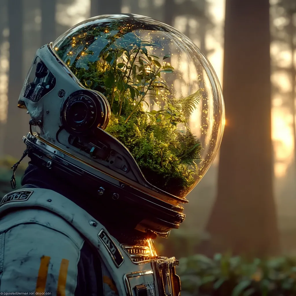 A close-up profile view of an astronaut's helmet, filled with vibrant green plants, bathed in the warm glow of a setting sun within a forest.  The helmet's glass dome is speckled with light, creating a magical, almost ethereal atmosphere. The astronaut's suit is partially visible, showcasing a worn yet futuristic design. The scene evokes a sense of hope and the resilience of life.