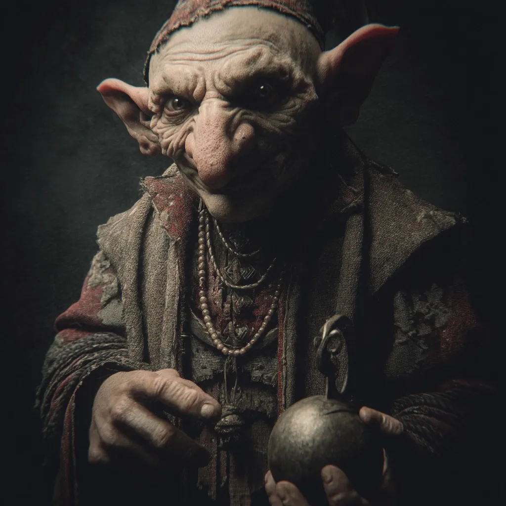 A close-up portrait reveals a goblin-like creature, its wrinkled skin and large ears prominent.  Wearing a dark, tattered robe adorned with a beaded necklace, it holds a dark, metallic sphere. The creature's expression is shrewd and knowing, its gaze intense. The dark background enhances the character's mysterious and somewhat sinister aura.