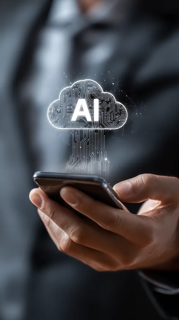 A person holds a smartphone, with a cloud-shaped AI symbol hovering above it. The cloud is designed with circuit board patterns, symbolizing the integration of artificial intelligence and cloud computing.  The image suggests the accessibility and convenience of AI through mobile technology, emphasizing the growing role of AI in our daily lives.  The background is blurred, focusing attention on the phone and the AI symbol.