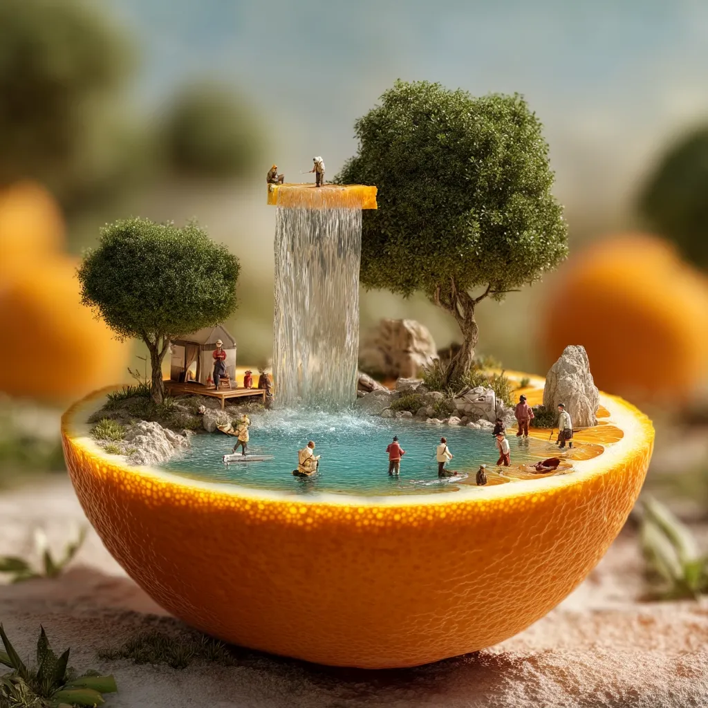 A miniature world nestled within a hollowed-out orange.  Tiny figures engage in various activities around a small lake, complete with a waterfall cascading from a slice of orange.  Lush miniature trees and a campsite add to the idyllic scene, creating a whimsical and surreal landscape. The vibrant orange contrasts beautifully with the tranquil water and green foliage.