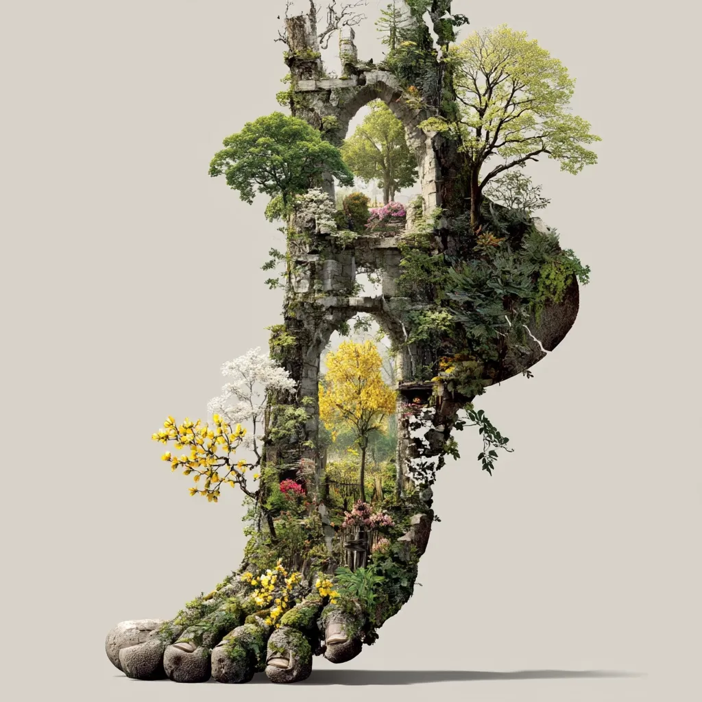 A surreal image depicts a large foot, its form filled with a lush, overgrown stone ruin.  Trees, flowers, and various plants sprout from the crevices of the decaying structure, creating a vibrant contrast between nature's reclaiming power and the remnants of human architecture.  The foot's toes are mossy and grounded, suggesting a connection between the natural world and the human form. The overall effect is one of peaceful reclamation and symbiotic growth.