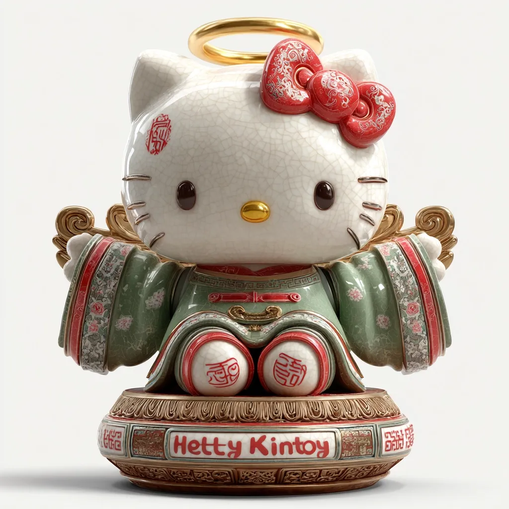 A meticulously crafted Hello Kitty figurine, styled as a porcelain angel.  She's adorned in a jade green robe with intricate gold detailing, a red bow, and a golden halo. The figure features a crackle glaze finish, and sits on an ornate base inscribed with "Hetty Kintoy" and Chinese characters. The overall aesthetic blends Hello Kitty's cuteness with traditional Chinese porcelain artistry.