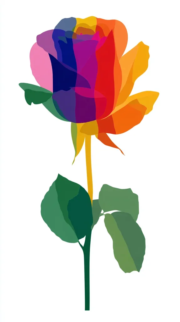 A stylized rainbow rose is depicted, its petals exhibiting a spectrum of colors from pink to orange, transitioning through vibrant red, purple, blue, and indigo. The stem is a simple, yellow-gold line, culminating in deep green leaves.  The image is a clean, graphic representation, suitable for various applications requiring a symbolic floral design.