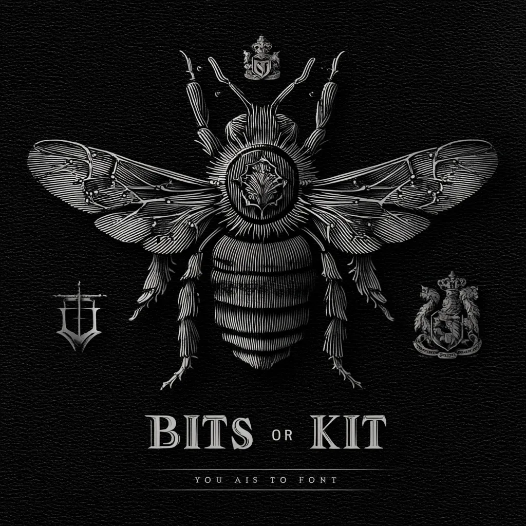 A detailed, silver-toned illustration of a bee dominates a black, leather-textured background.  Intricate lines define the bee's body and wings.  Small, crest-like designs flank the bee, and the text "BITS OR KIT" appears below, with the tagline "YOU AIS TO FONT." The overall style is gothic and ornate.