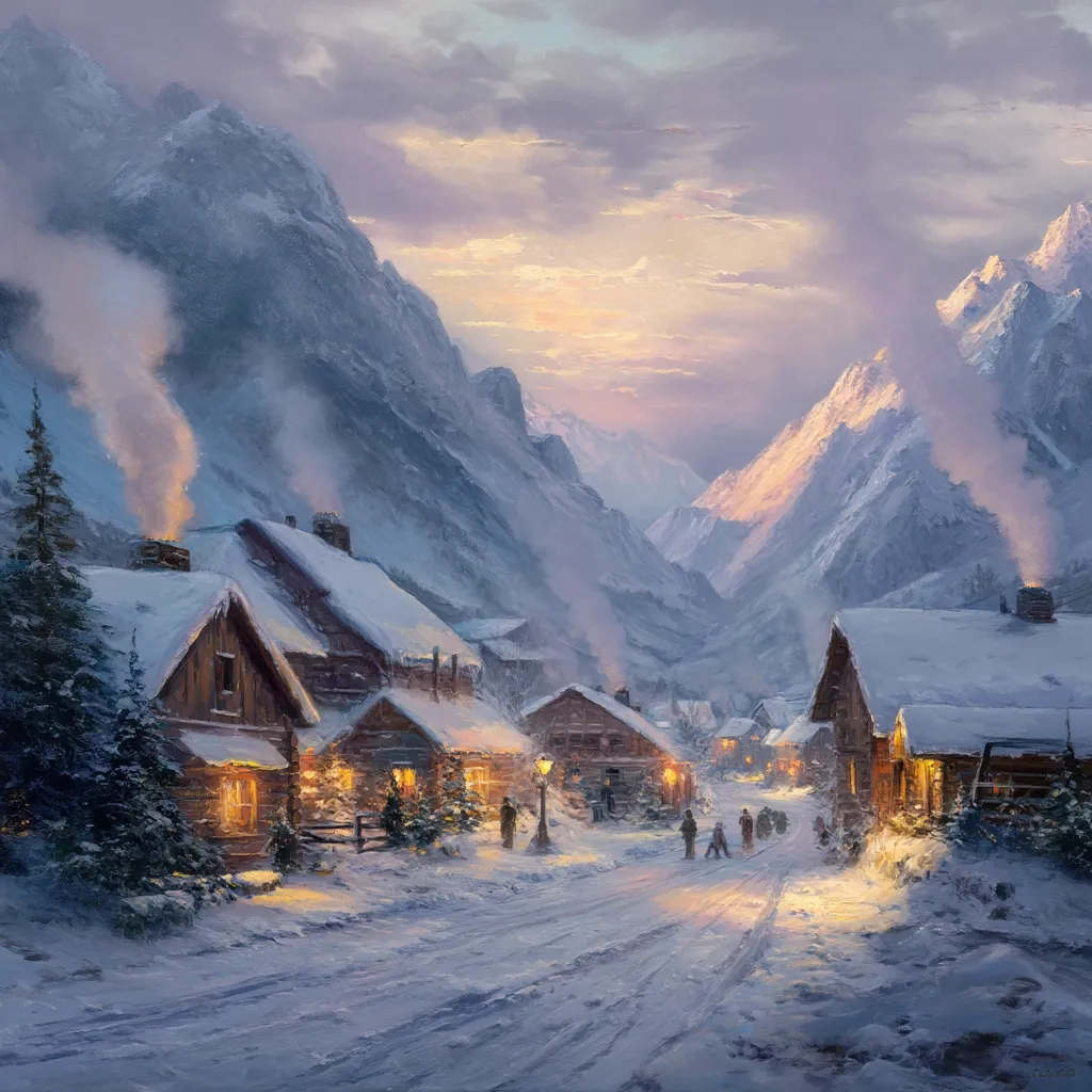 A picturesque winter village nestled in a snow-covered valley between towering mountains.  Warm light emanates from cozy wooden cabins, their snow-laden roofs contrasting against the dusky sky.  Smoke curls from chimneys, adding to the tranquil atmosphere.  A few figures stroll along a snow-dusted road, creating a sense of peaceful community life in a breathtaking alpine setting.  The scene is bathed in soft, warm light, enhancing the idyllic and serene ambiance.
