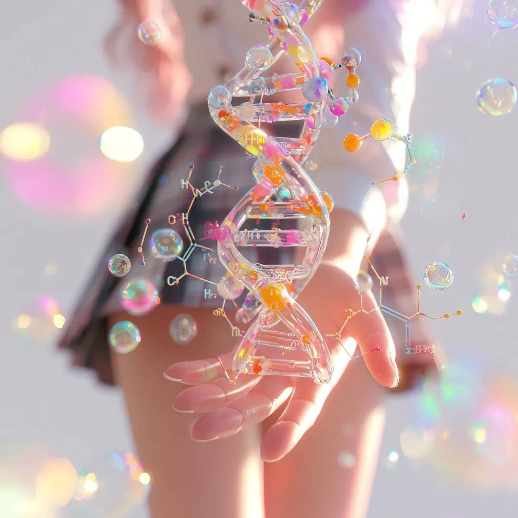 A translucent, colorful DNA double helix floats above a girl's outstretched hand.  Surrounding the helix and hand are shimmering bubbles and translucent chemical formulas, creating a dreamy, ethereal effect. The girl, partially visible, wears a pleated skirt and light-colored top, blurring into the soft, pastel background. The overall aesthetic is whimsical and suggestive of scientific wonder.