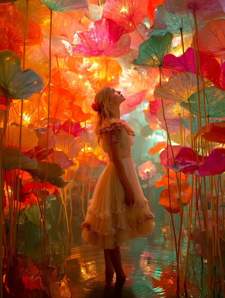 A blonde woman in a tiered, cream-colored dress stands in shallow water, gazing upwards.  She is surrounded by a magical, dreamlike forest of luminous, oversized, multicolored lotus flowers, their vibrant hues reflecting in the water. The scene is bathed in warm, ethereal light, creating a fantastical and enchanting atmosphere.