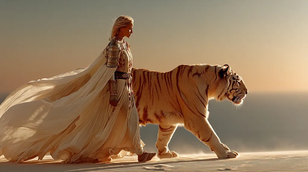 A blonde woman in flowing, light beige robes and partial armor walks across a sandy expanse alongside a large, pale tiger.  The woman's cape billows behind her in the wind. The setting sun casts a warm glow on the scene, creating a dramatic and ethereal atmosphere.  The image evokes a sense of power, freedom, and a mystical connection between woman and beast.