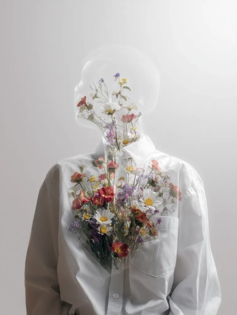 A surreal image depicts a transparent head and shoulders wearing a white shirt.  A vibrant bouquet of wildflowers seems to bloom within the figure's chest and head, creating a captivating blend of organic and ethereal elements. The overall effect is serene and dreamlike, suggesting a connection between nature and the human spirit. The minimalist background enhances the image's otherworldly quality.