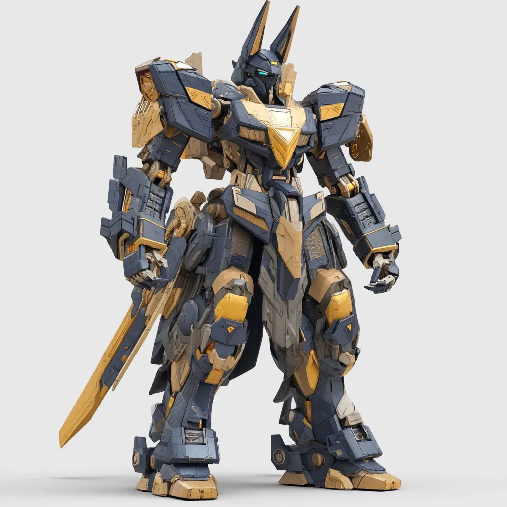 A powerful mecha, predominantly dark blue and gold, stands against a white background.  Its design incorporates elements reminiscent of an Anubis jackal head. The robot wields a long, golden sword, and its armored body is highly detailed, showcasing intricate mechanical joints and plating.  The overall aesthetic is one of imposing strength and sophisticated design.