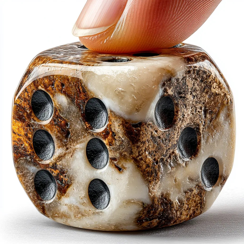 A finger gently rests atop a large, intricately crafted die. The die is made from a marbled stone, exhibiting a blend of creamy beige and rich brown hues.  Deep black pits mark the faces, showcasing a high level of detail. The stone's natural texture is prominent, lending a unique, almost organic quality to the gaming piece. The overall image suggests a sense of careful consideration and anticipation.