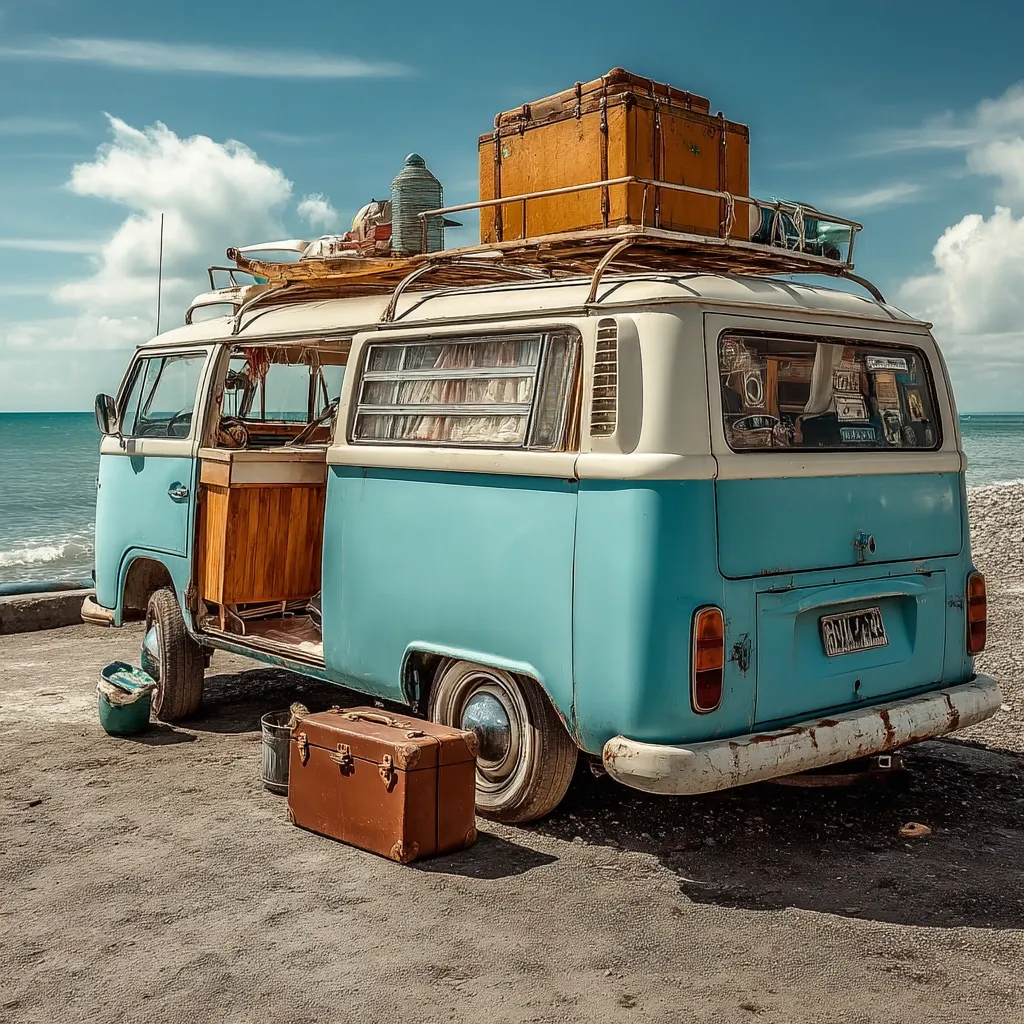 A vintage light blue Volkswagen camper van, fully loaded for a journey, sits parked on a beach.  The van is adorned with luggage and various items strapped to its roof rack.  A brown suitcase rests on the ground beside it, adding to the sense of adventure and travel. The ocean and a clear sky provide a picturesque backdrop.