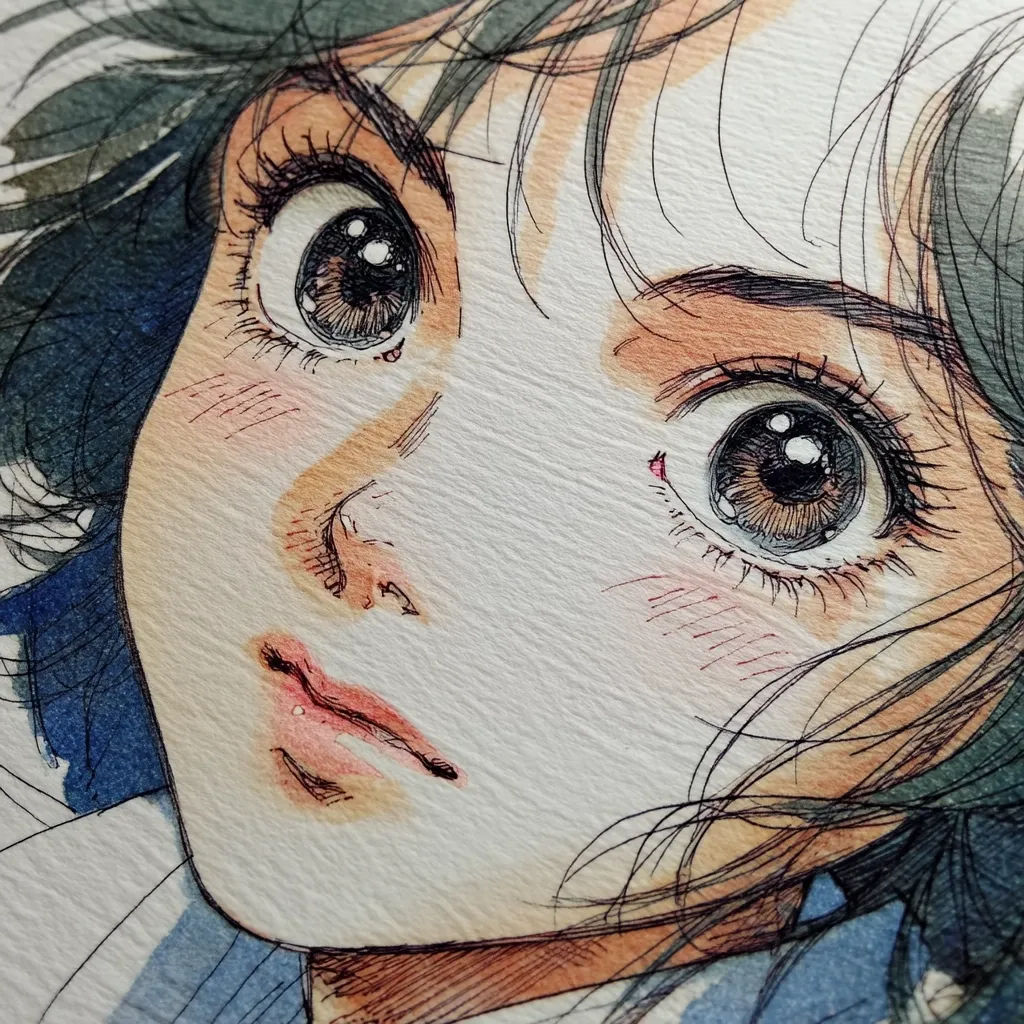 A close-up watercolor and ink illustration depicts a young woman's face, her large, expressive eyes gazing upwards.  Her dark hair frames her face, and delicate shading emphasizes her features. The style is reminiscent of manga or anime, with a focus on emotional depth conveyed through the eyes and subtle blush on her cheeks.  The textured paper adds to the artwork's overall delicate and ethereal quality.