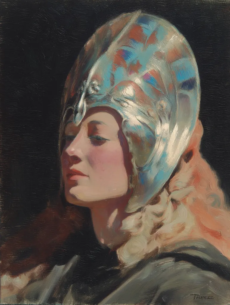 A woman's profile is depicted, her face subtly illuminated, wearing an ornate, helmet-like headpiece. The headpiece is iridescent, with shades of teal, silver, and rose, suggesting a metallic or pearly material. Her expression is serene, almost pensive. The background is dark, providing a stark contrast to the woman's light skin and the shimmering headpiece.  The painting style is realistic, with visible brushstrokes adding texture and depth.