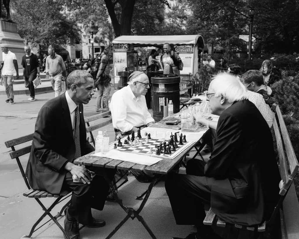 Black and white photo of Barack Obama playing chess in a park.  He sits across a chessboard from an older man with white hair, while other people stroll in the background.  The scene is relaxed and informal, capturing a moment of leisure.  The setting appears to be a public park, with park benches and trees visible.  The overall mood is peaceful and contemplative.