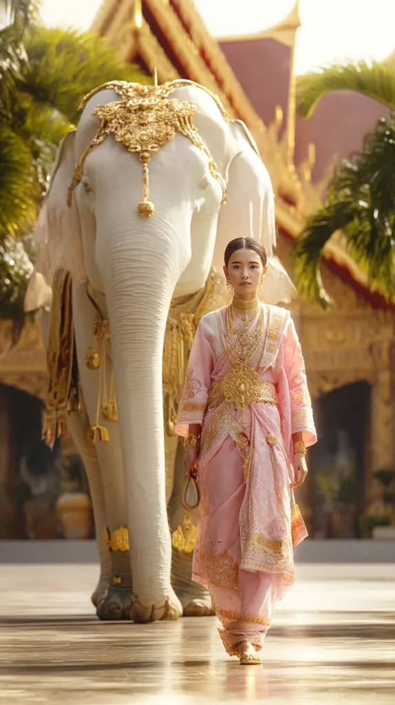 A young woman, adorned in a beautiful pink and gold traditional Southeast Asian outfit and elaborate gold jewelry, walks gracefully beside a majestic white elephant, richly decorated with gold ornaments.  The backdrop features a stunning temple, creating a scene of regal elegance and cultural richness.  The sunlight illuminates the scene, emphasizing the opulence of the attire and the grandeur of the setting.