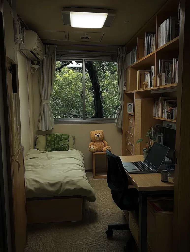A cozy, small bedroom features a single bed with a muted green comforter, a teddy bear on a small side table, and a built-in wooden bookcase filled with books.  A laptop sits on a desk beside the bed, bathed in the soft light from an overhead fixture.  A large window shows lush green trees outside, suggesting a peaceful, possibly student-like environment.  The overall ambiance is calm and serene.