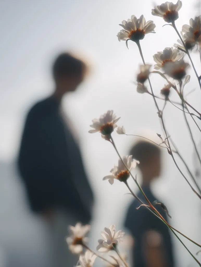 A softly focused image features two blurred figures standing in the background, partially obscured by delicate white flowers in the foreground.  The flowers, possibly daisies, are in sharp focus, contrasting with the ethereal quality of the people. The overall mood is serene and slightly melancholic, with a dreamy, out-of-focus aesthetic.  The light suggests an outdoor setting, possibly a sunny day.