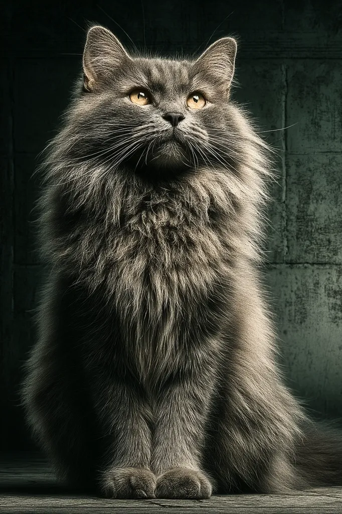 A majestic gray longhair cat sits against a dark, textured background.  Its fur is thick and luxurious, and its amber eyes are striking. The cat's posture is regal, and it appears alert and attentive.  The lighting accentuates the texture of its fur and its intense gaze. The overall mood is one of quiet dignity and feline elegance.