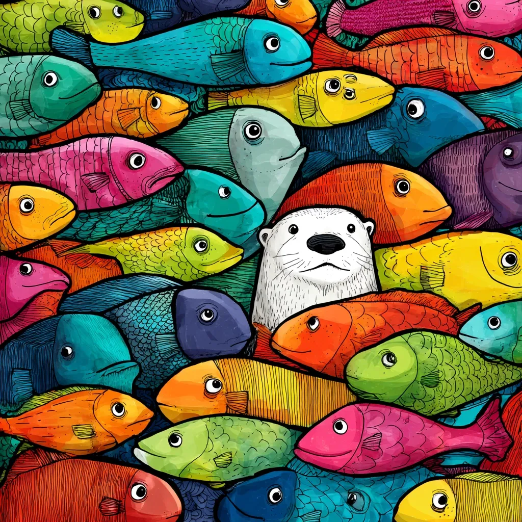 A polar bear is nestled amongst a vibrant school of colorful, cartoonish fish.  The fish are depicted in a variety of shapes and sizes, each with bold outlines and bright, saturated hues.  The contrast between the white bear and the intensely colored fish creates a striking visual effect, suggesting a unique and perhaps unusual environment. The overall style is playful and whimsical.