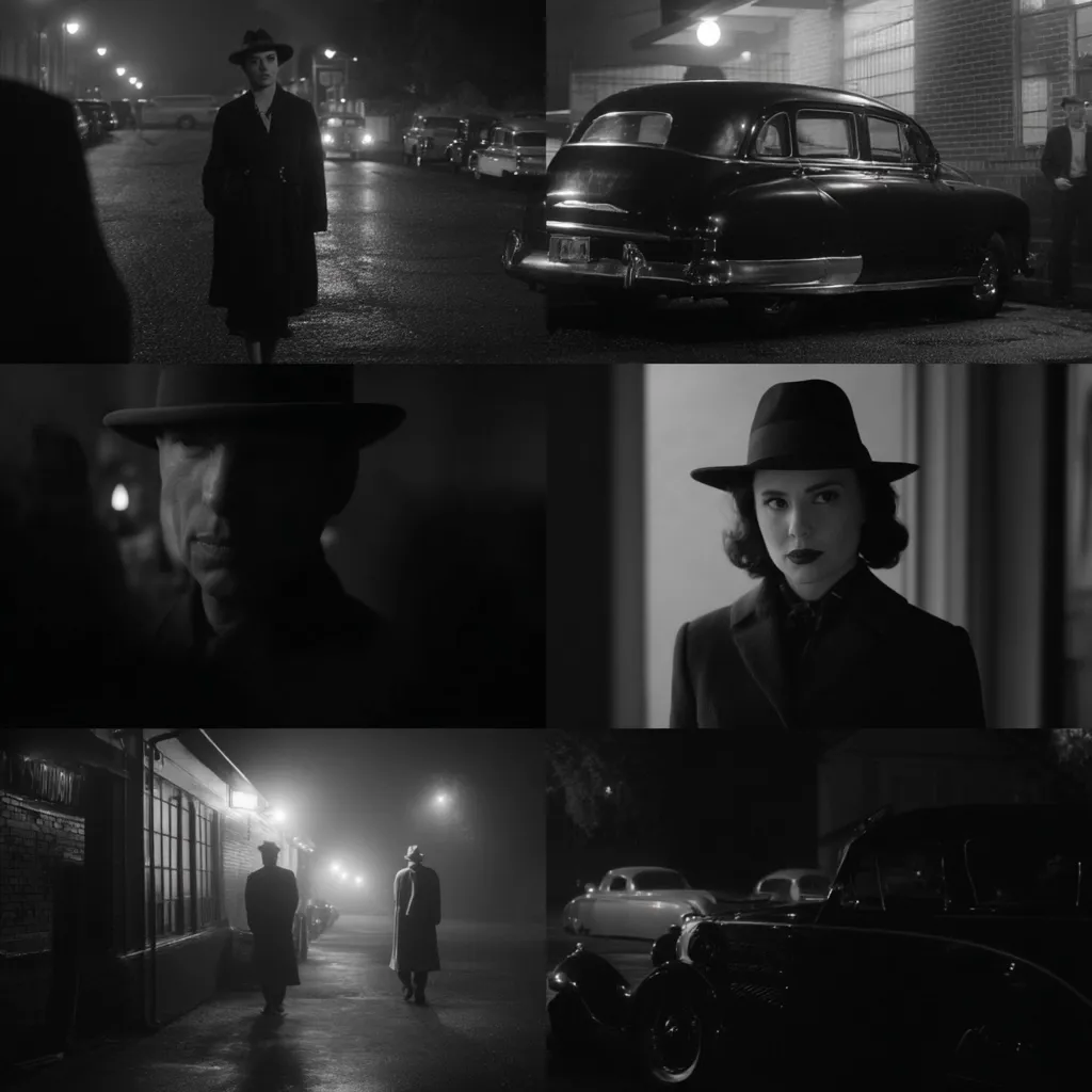 A black and white collage depicting scenes from a film noir.  Images feature figures in trench coats and fedoras, classic cars at night, and shadowy alleyways.  The atmosphere is mysterious and suspenseful, evoking the mood of a 1940s crime drama.  Women and men are seen alone and in pairs, creating intrigue and a sense of unfolding drama. The use of darkness and light adds to the overall cinematic effect.