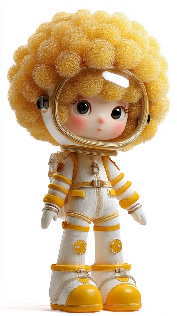 A charming 3D rendering of a doll, dressed as an astronaut. The doll sports a large, fluffy yellow afro and a white spacesuit accented with yellow details.  Its large, expressive eyes and small, round face convey a sense of childlike wonder. The astronaut suit is detailed, with boots and gloves adding to the overall cuteness of the design.  The image is set against a clean white background, making the doll the clear focal point.