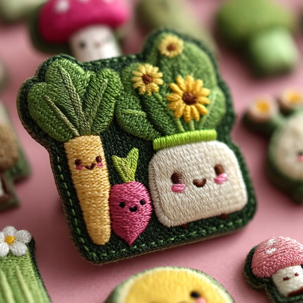 A charming embroidered patch depicts a whimsical scene of anthropomorphic vegetables. A cheerful carrot and radish stand beside a smiling, potted plant with sunflowers. The patch is stitched onto dark green felt, creating a detailed and delightful miniature garden. The overall style is cute and playful, ideal for adding a touch of whimsical charm to clothing or accessories.