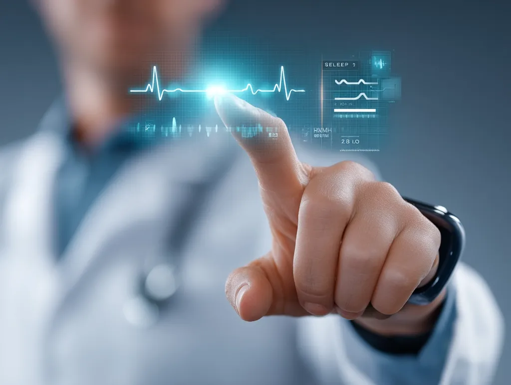 A doctor's finger interacts with a futuristic holographic display showcasing a patient's vital signs.  The interface presents a heartbeat graph, alongside other medical data, illustrating the potential of advanced technology in healthcare. The image suggests a seamless integration of digital tools for diagnosis and monitoring.  The doctor's white coat and stethoscope are subtly blurred, emphasizing the focus on the innovative technology.
